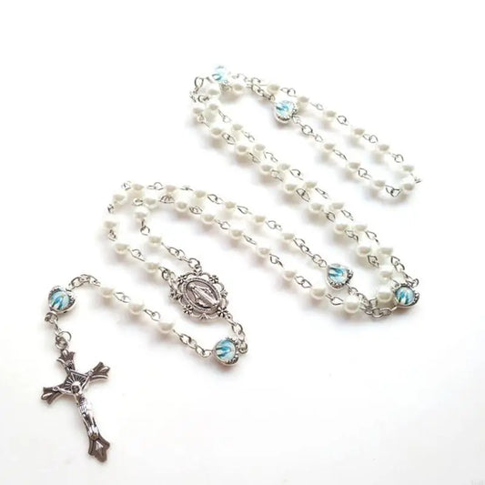 White Acrylic Pearl Catholic Rosary Necklace – Long Cross Pendant Religious Jewelry Gift