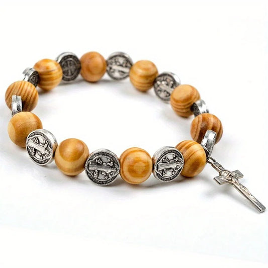 Natural Solid Wood Rosary Bracelet – Elastic Religious Pulsera R-372 for Men & Women