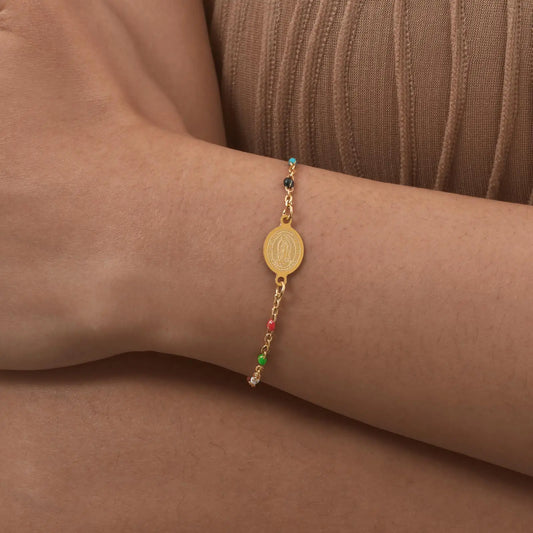 Bohemian Colored Bead Virgin Bracelets – Gold Stainless Steel Christian Jewelry for Women