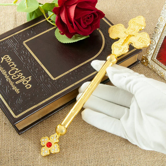 Gold-Plated Orthodox Jesus Crucifix Statue – Crystal-Inlaid Religious Decor for Prayer, Church & Home