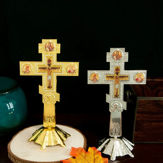Orthodox Church Cross with Stand – Gold Plated Religious Decoration & Gift