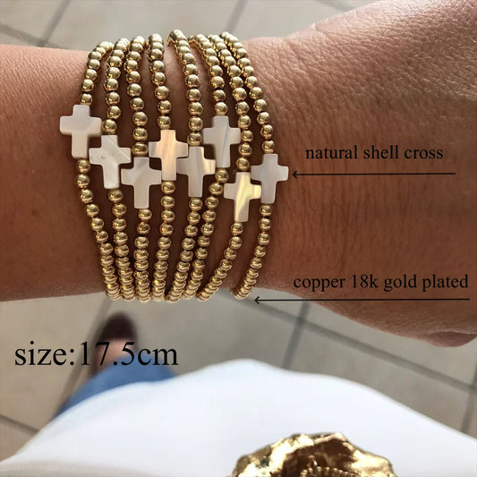 Vlen Christian Cross Bracelet – 18K Gold-Plated Stackable Beads Jewelry for Women