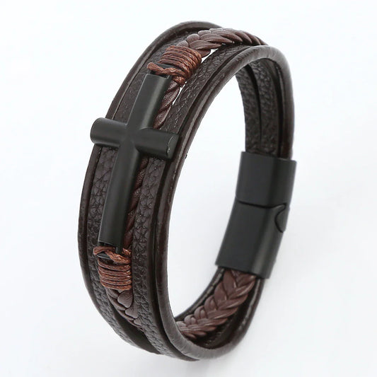 Black Cross Decorative Punk Leather Bracelet – Multilayer Braided Magnetic Clasp for Men