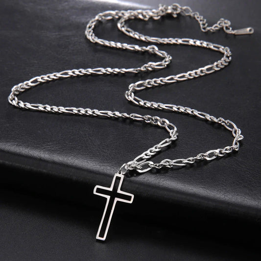 Unift Hollow Cross Necklace for Men – Stainless Steel Figaro Chain Christian Hip-Hop Jewelry