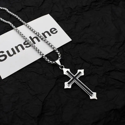 Minimalist Black Oil Drop Cross Necklace – Silver Color Stainless Steel Chain, Unisex Hip-Hop Punk Jewelry