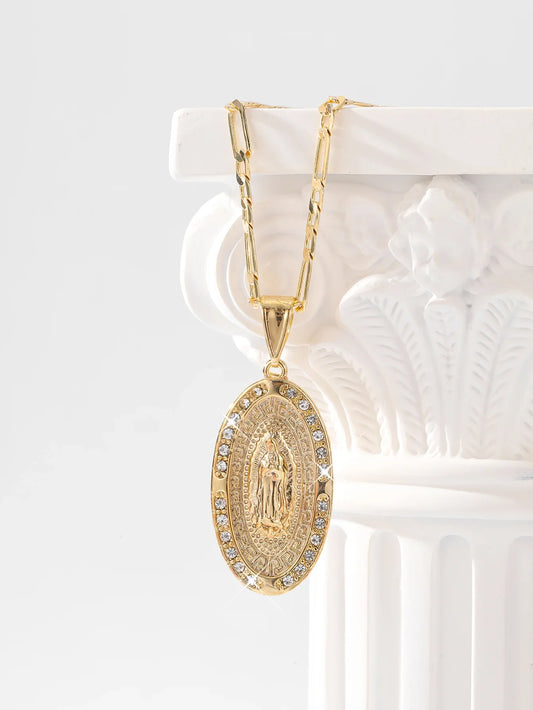 Inlaid Zircon Virgin Mary Pendant – Unisex Copper Religious Necklace for Believers