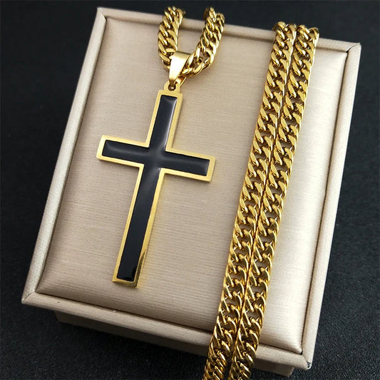 Punk Hip Hop Black Cross Pendant Necklace – Gold Stainless Steel Jesus Chain for Men & Women