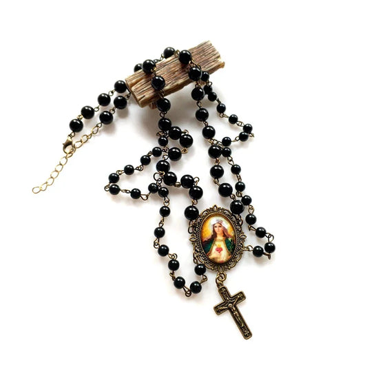 QIGO Black Acrylic Pearl Tassel Cross Choker – Virgin Mary Religious Necklace for Women