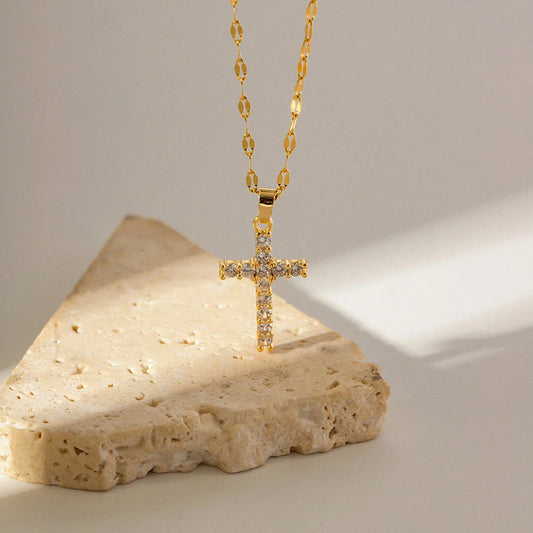 Youthway 18K Gold Plated Stainless Steel Cross Pendant Necklace – White Cubic Zirconia, Waterproof Trendy Jewelry for Women