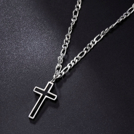 Unift Hollow Cross Necklace for Men – Stainless Steel Figaro Chain Christian Hip-Hop Jewelry