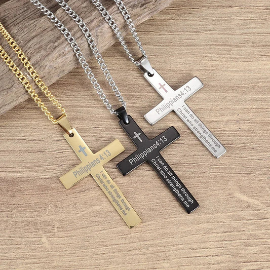 Philippians 4:13 Men's Cross Pendant Necklace – Stainless Steel Religious Amulet Jewelry