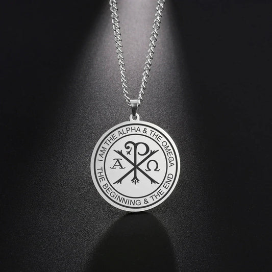 Dawapara Chi Rho Necklace Greek Orthodox Alpha Omega Pendant Protection Pray Religious Christian Gift Stainless Steel Jewelry