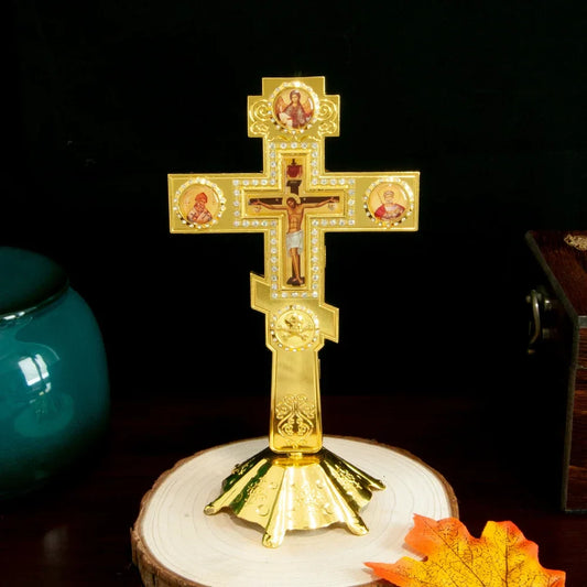 Orthodox Church Cross with Stand – Gold Plated Religious Decoration & Gift