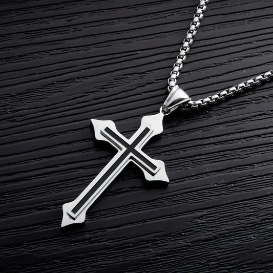 Minimalist Black Oil Drop Cross Necklace – Silver Color Stainless Steel Chain, Unisex Hip-Hop Punk Jewelry