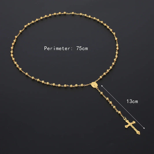 Gold Color Rosary Necklace – Long Crucifix Chain with 6MM Beads for Men & Women