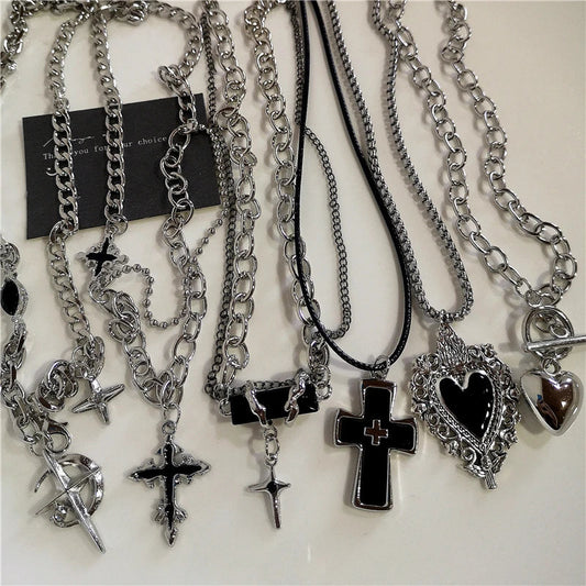 Punk Rock Black Heart Cross Pendant Chain Necklace