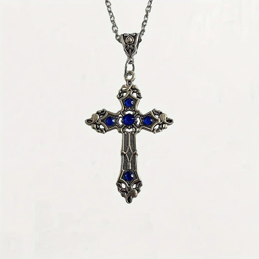 Retro Gothic Ruby Cross Pendant Necklace – European & American Style for Men & Women