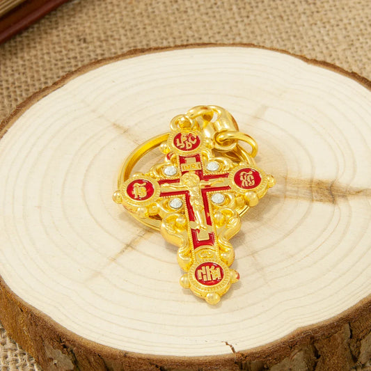 HT Orthodox Cross Keychain – Gold-Plated Mini Crucifix Pendant Religious Key Chain