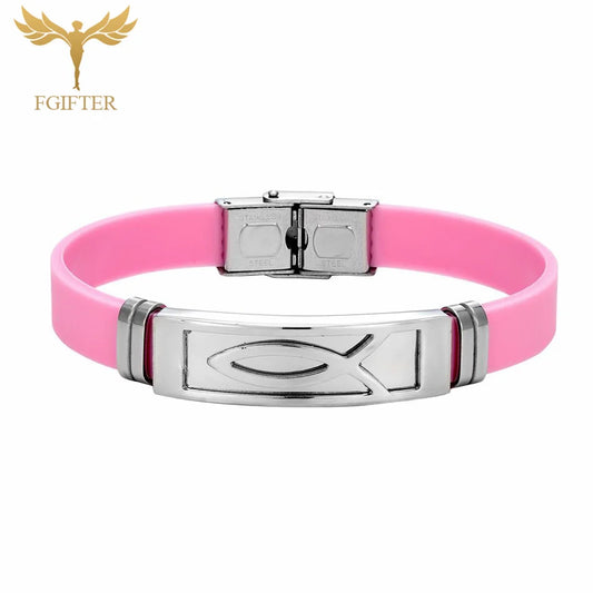 Simple Stainless Steel Jesus Fish Symbol Bracelet – Colorful Rubber Christian Wristband with Buckle