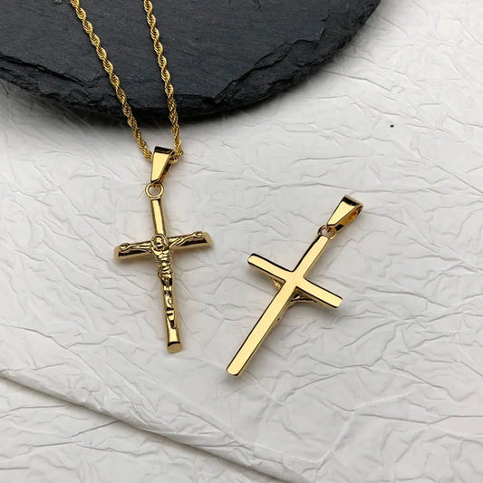Hiphop Men 316l Stainless Steel Jewelry Jesus Cross Pendant Necklace Religious Gold Plated Crucifix Charms Rope Chains