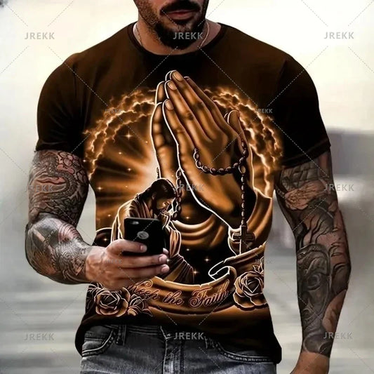3D Jesus Print Pray T-Shirt – Christian Fashion Oversized Tee for Men