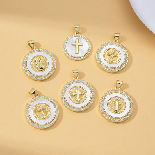Catholic Jesus Cross Necklace – Gold Plated Copper with Saint Benedict, Virgin Mary & Zircon Details
