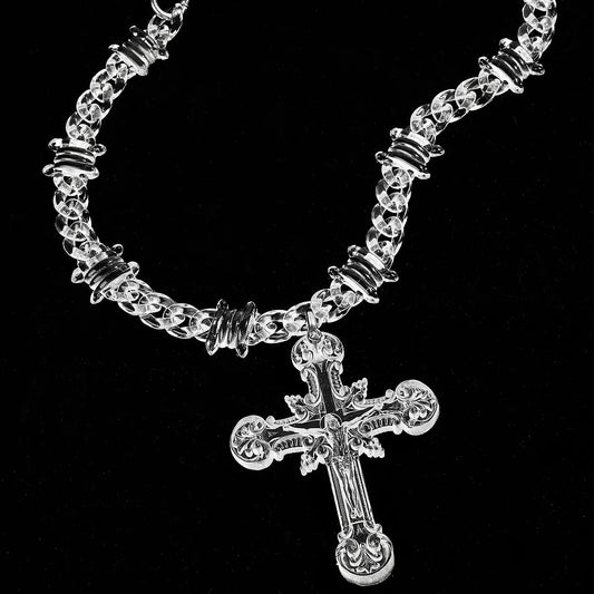 Transparent Acrylic Big Jesus Christ Cross Necklace – Hip Hop Barbed Wire Cuban Link Chain for Men