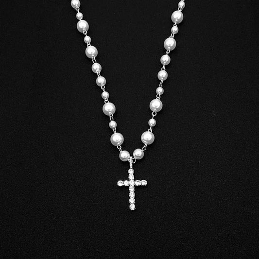 Vintage Pearl Bead Chain Rosary Necklace – Catholic Cross Pendant Religious Jewelry for Men & Women