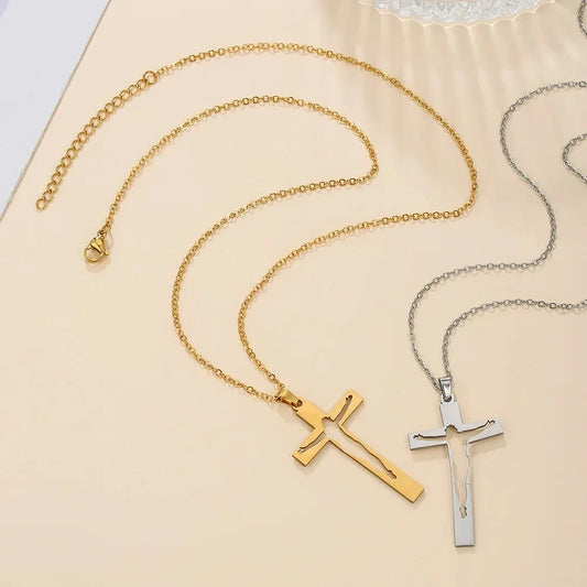 Stainless Steel Christian INRI Jesus Cross Necklace – Hollow Out Crucifix Pendant for Men & Women