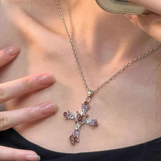 ChatGPT said: New Y2K Punk Pink Purple Zircon Cross Necklace – Rhinestone Clavicle Chain for Women