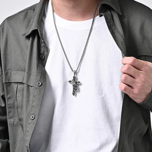 Vintage Praying Hands Cross Pendant Necklace – Hip-Hop Stainless Steel Chain Accessory