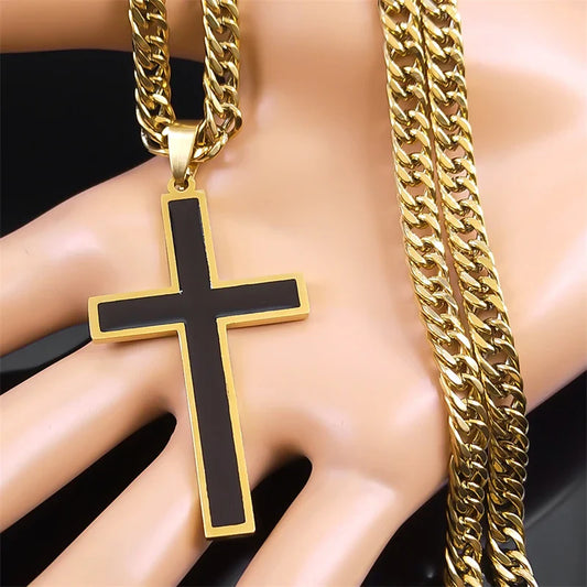 Punk Hip Hop Black Cross Pendant Necklace – Gold Stainless Steel Jesus Chain for Men & Women