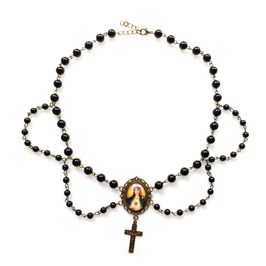 QIGO Black Acrylic Pearl Tassel Cross Choker – Virgin Mary Religious Necklace for Women
