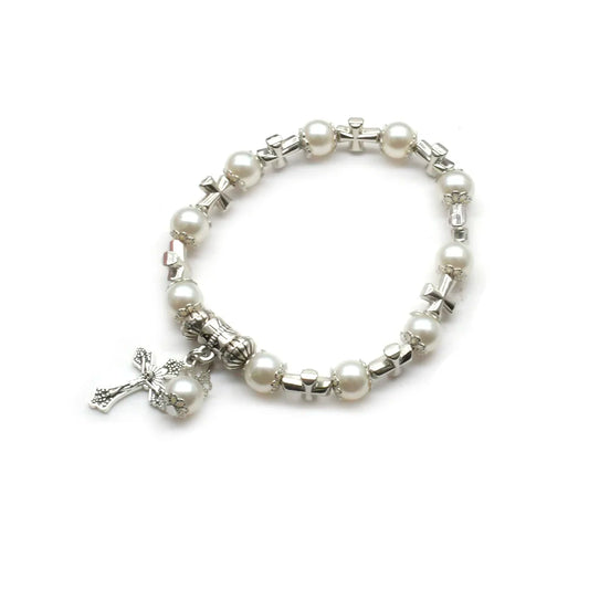 QIGO White Glass Pearl Cross Rosary Bracelet – Elastic Religious Jewelry for Women