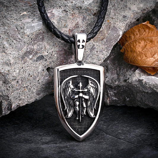 Viking Archangel Knight Necklace – Stainless Steel Shield & Angel Wings Pendant for Men