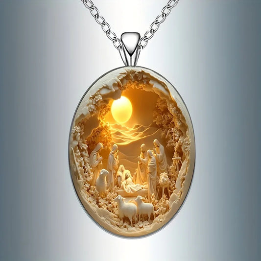 Elegant Oval Glass Pendant Necklace for Women – Simple Religious Symbol Jewelry for Daily Wear & Special Occasions