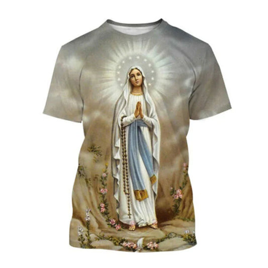 Virgin Mary "Goddess of Mercy" 3D Print T-Shirt – Unisex Christian Tee for Women & Men