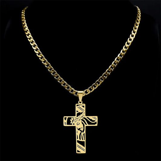 Crown of Thorns Jesus Cross Necklace – Gold-Plated Hip Hop Punk Crucifix Pendant for Men
