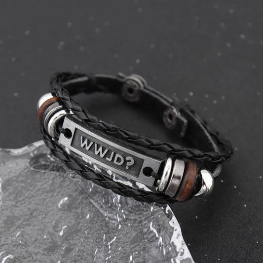 WWJD Multilayer Woven Leather Bracelet – Vintage Alloy Plate Design for Men
