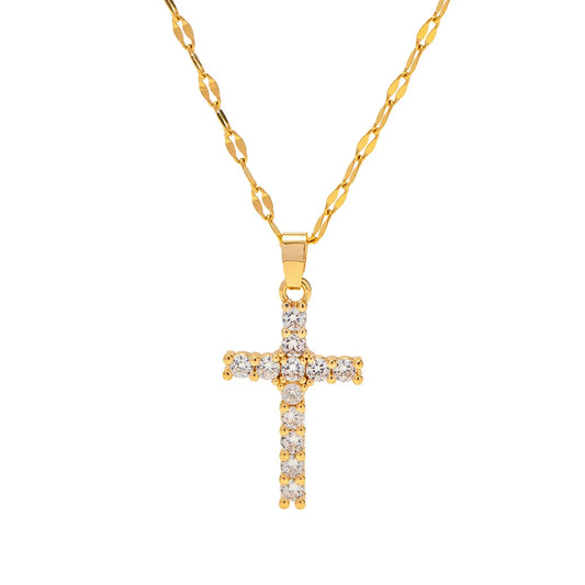 Youthway 18K Gold Plated Stainless Steel Cross Pendant Necklace – White Cubic Zirconia, Waterproof Trendy Jewelry for Women