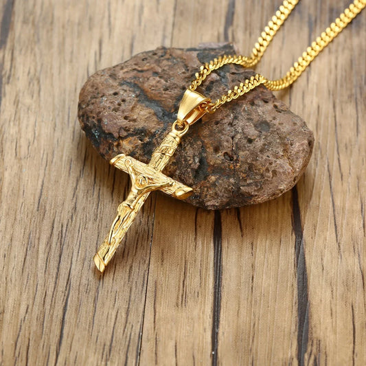 Stainless Steel Cross Necklace – Catholic Jesus Pendant Gold Color for Men & Women