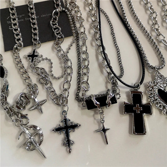 Punk Rock Black Heart Cross Pendant Chain Necklace