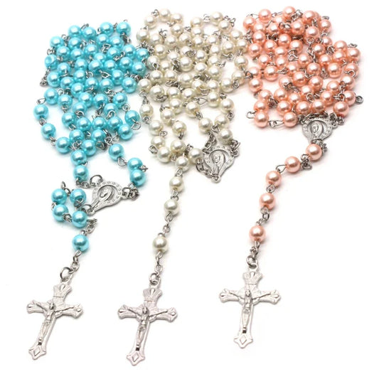 White Acrylic Pearl Rosary Necklace – Long Catholic Cross Pendant Religious Jewelry for Men & Women