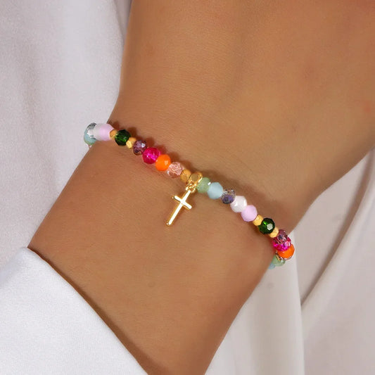 Cross Square Crystal Beads Bracelet – Boho Natural Stone Stretch Jewelry for Women