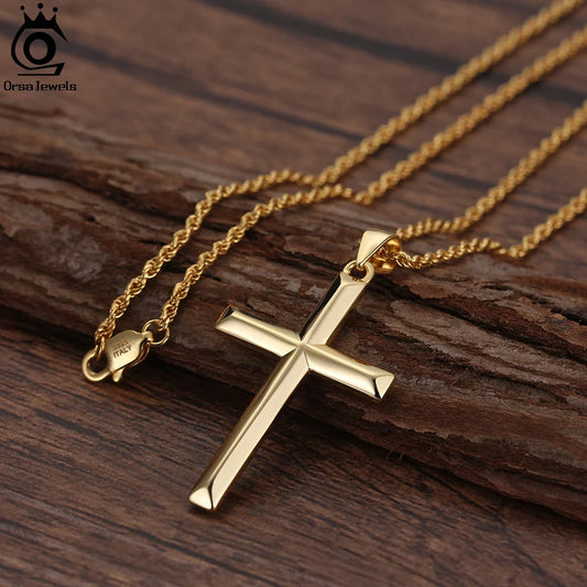ORSA JEWELS Classic 14K Gold Cross Pendant Necklace – 925 Sterling Silver Christian Jewelry for Men & Women