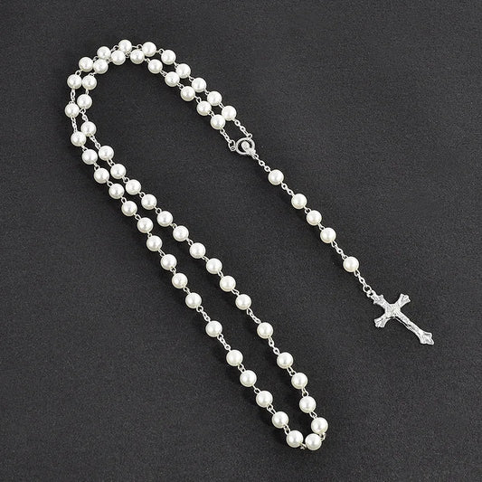 Vintage Pearl Bead Chain Rosary Necklace – Catholic Cross Pendant Religious Jewelry for Men & Women