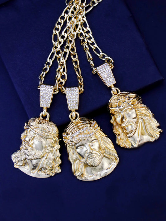Hip Hop Punk Style Jesus Head Pendant Necklace – Gold Plated Figaro Chain for Men & Women