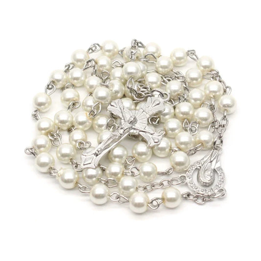 White Acrylic Pearl Rosary Necklace – Long Catholic Cross Pendant Religious Jewelry for Men & Women