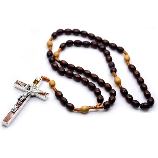 QIGO Dark Coffee Wood Rosary Necklace – Rice Bead Rope Cross Religious Jewelry