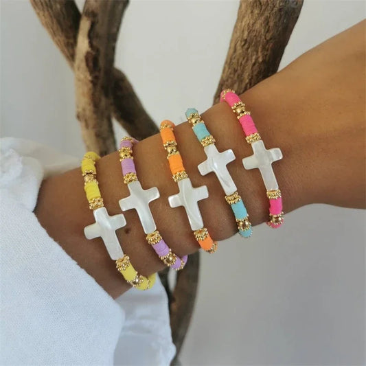 CCGOOD Christian Cross Bracelet for Women – Stretch Faith Bracelet with Boho Polymer Clay Beads